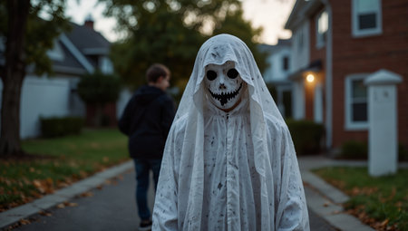 AI Generated. Kids wearing ghost costume in Halloween in a suburban street area backgroundの素材
