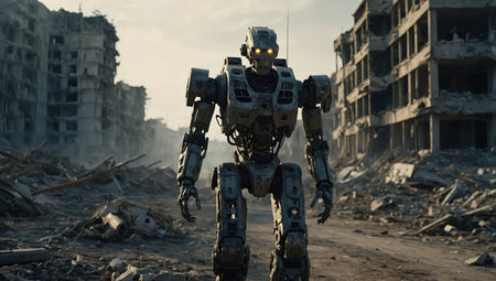 AI Generated. Military robot are walking on a battlefield covered with human bones and destroyed buildings The concept of the future Apocalypseの素材