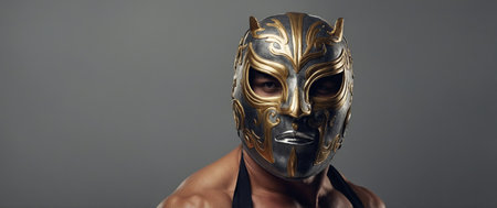 AI Generated. Luchador in mask on gray background Lucha Libre wrestling mask Cinco De Mayo holiday, celebration Mexican culture concept Design for banner, header with copy spaceの素材