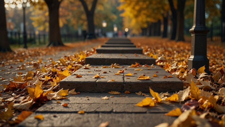 AI Generated. Pathway covered in autumn leaves with a golden podium, enhancing the beauty of fall fashion accessories or decorative itemsの素材