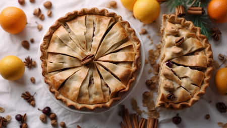 AI Generated. Overhead still life of fresh baked holiday pies on whiteの素材