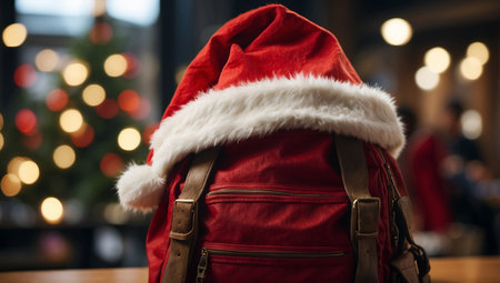 AI Generated. Santa Claus hat on student bag School with no classes, no classrooms, Long weekend for christmas and holiday seasonの素材