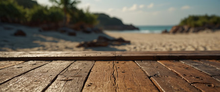 AI Generated. Table wood desk of free space and summer beach landscapeの素材