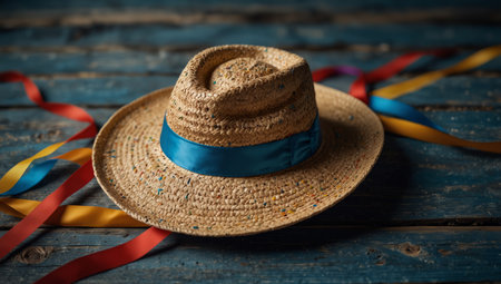 AI Generated. Straw hat with colorful ribbons on rustic blue wooden backgroundの素材