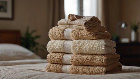 AI Generated. Stack of beige clean towels on table in on bed in bedroom with copy spaceの素材