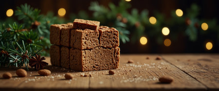 AI Generated. Speculaas traditional christmas cookies on a rustic wooden surface with fir greeneryの素材