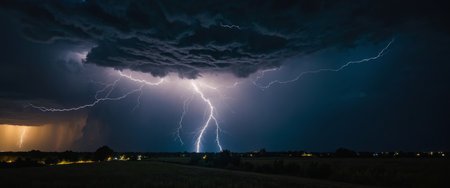 AI Generated. The fearsome beauty of a dramatic lightning storm across the night skyの素材