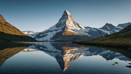 AI Generated. Stunning image capturing the reflection of Matterhorn peak in the calm waters beneath, surrounded by alpine beautyの素材
