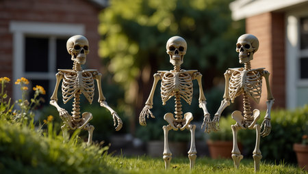 AI Generated. Skeleton figurines dancing at green yard outside of a house Cute Halloween decorative funny playful figures at the sunny backyardの素材