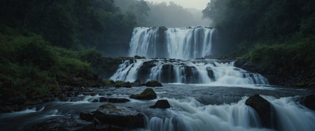 AI Generated. This captivating photograph captures the raw power and beauty of a cascading waterfall, its misty veil illuminated by the soft light of dawn ,の素材