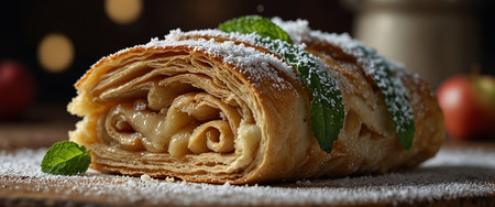 AI Generated. Traditional piece of apple strudel with powdered sugar and mint closeup horizontalの素材