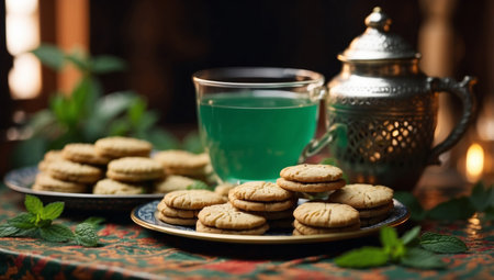 AI Generated. Traditional Moroccan cookies and mint teaの素材