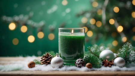 AI Generated. Winter themed home decor with various holiday elements on a green background space for textの素材