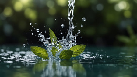 AI Generated. Water splashing dynamically around a bottle among mint leaves, conveying refreshment and natural purityの素材