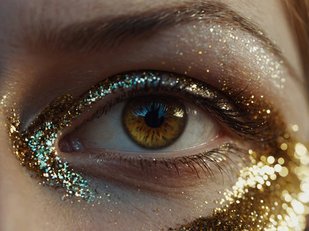 AI Generated. Close up of a person's eye with glitter, great for beauty and fashion conceptsの素材