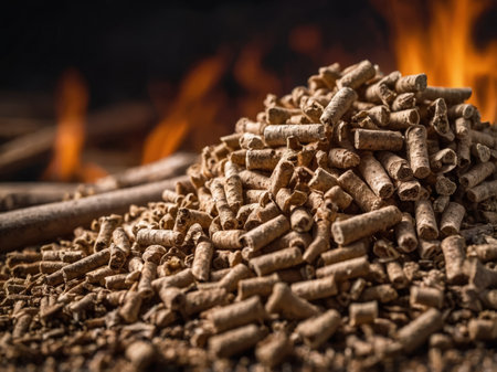 AI Generated. Biomass wood pellets and woodpile on blurred defocused background with space for text placementの素材