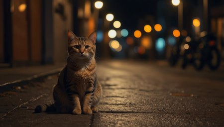 AI Generated. Lonely stray cat sitting orange lighted street at nightの素材