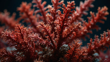 AI Generated. Red algae rhodophyta Abstract close-up, selective focus, and creative lightingの素材