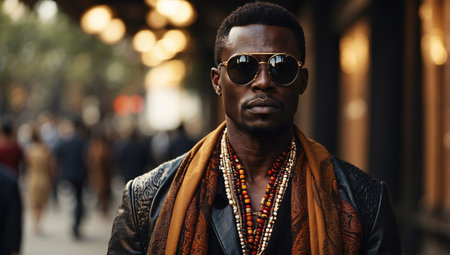AI Generated. Mega stylish african man in traditional jacket pose Fashionable black guy in sunglassesの素材