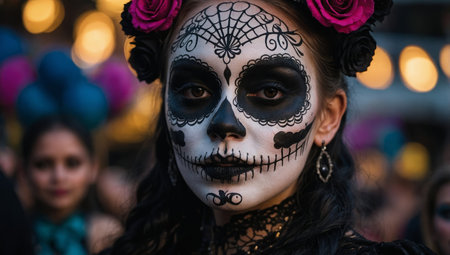 AI Generated. Gothic charm in a close-up-a beautiful girl with sugar skull style makeup at the Mardi Gras festival, a fusion of beauty and Halloween horrorの素材