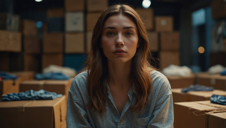 AI Generated. Contemplative Woman Amidst Boxed Clothing Itemsの素材