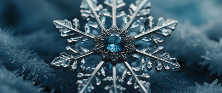 AI Generated. Close-up of an elegant snowflake-shaped brooch amid icy blue tonesの素材