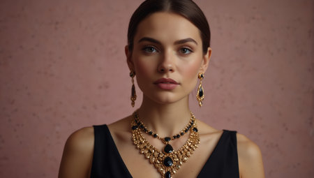 AI Generated. Elegant woman with fashion jewelry on pink background Gold jewelry for woman, necklace and earrings with black gemstones Beauty and accessoriesの素材