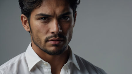 AI Generated. A close-up of a person wearing a white shirt, showcasing their expression and attire with a simple backgroundの素材