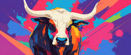 AI Generated. Vibrant Artistic Bull with Colorful Abstract Backgroundの素材