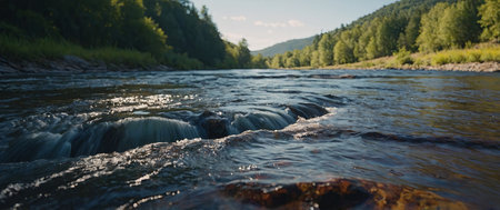 AI Generated. A vibrant illustration of a river flowing through a sacred landscapeの素材