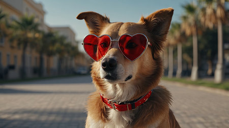 AI Generated. beautiful dog with heart shaped collar and red glasses on valentineの素材