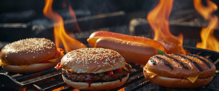 AI Generated. Burgers and hotdogs cooking over flames on grillの素材