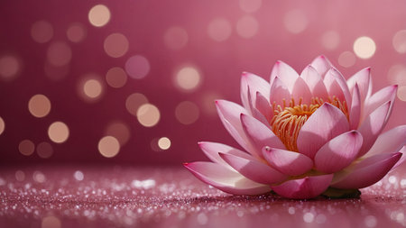 AI Generated. closeup of pink lotus on pink background with glitter and bokeh and copy spaceの素材