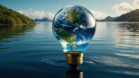 AI Generated. Creative poster design for Earth Day featuring a light bulb filled with water and small islands, powered by renewable energy, emphasizing climate change actionの素材