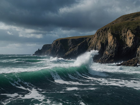 AI Generated. Dramatic seascape with rugged cliffs and crashing wavesの素材