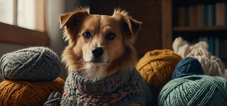 AI Generated. Dog in a cozy handmade sweater surrounded by knitting kit itemsの素材