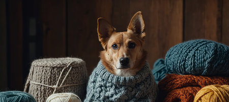 AI Generated. Dog in a cozy handmade sweater surrounded by knitting kit itemsの素材