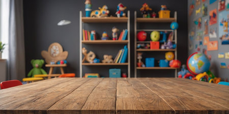 AI Generated. Empty wooden table top and blurred kids room interior on the background Copy space for your object, product, toy presentation Display, promotion, advertisingの素材