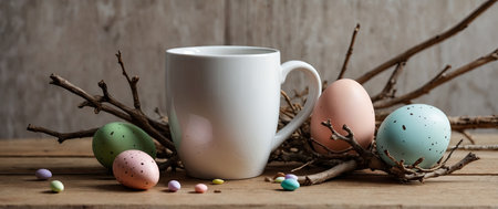 AI Generated. Easter blank white coffee mug mockup with delicate branches and pastel eggs background on a natural wood tableの素材