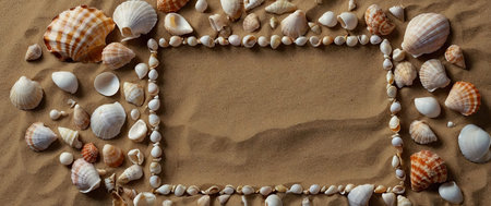 AI Generated. Frame made of seashells on sand color background Summer, vacation concept Flat lay, top view, overheadの素材