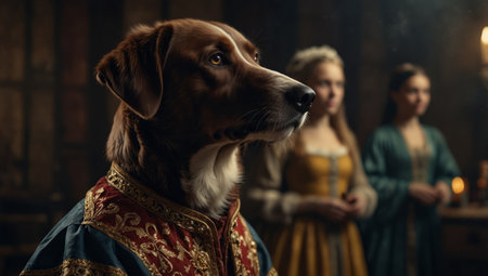 AI Generated. Models like medieval royalty persons in vintage clothing headed by dog's heads on dark vintage backgroundの素材