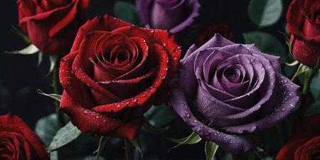 AI Generated. Valentine's day red roses background dark red and light purpleの素材