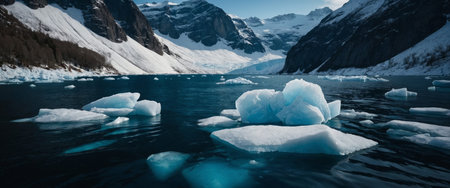 AI Generated. wallpaper with white azure ice flakes in a calm black blue fjord waterの素材