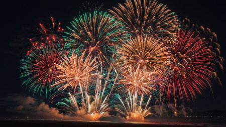 AI Generated. Fireworks explode in colorful display Seaside Oregonの素材