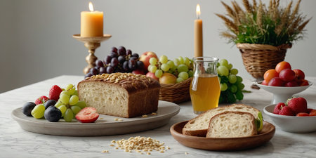 AI Generated. Shavuot food on white table Jewish holiday Shavuot celebration conceptの素材