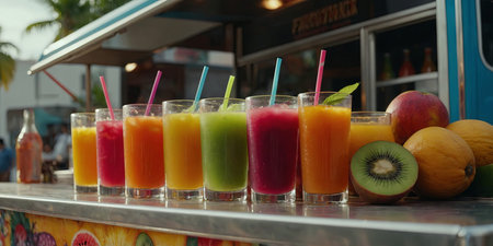AI Generated. A lot of colorful tropical fruit juice are placed on a bar in front of a food truckの素材