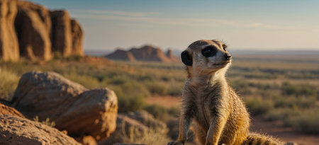 AI Generated. A meerkat perched on a rocky outcrop, gazing into the distance, as if contemplating the vastness of the savannah,の素材
