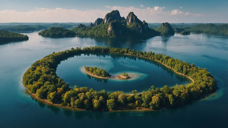 AI Generated. islands on the lake - beautiful panoramic aerial landscapeの素材