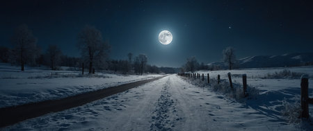 AI Generated. full moon in a winter landscape path snowy night roadの素材