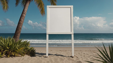 AI Generated. mockup of a blank cover white poster sign with a beach summer vacation backgroundの素材